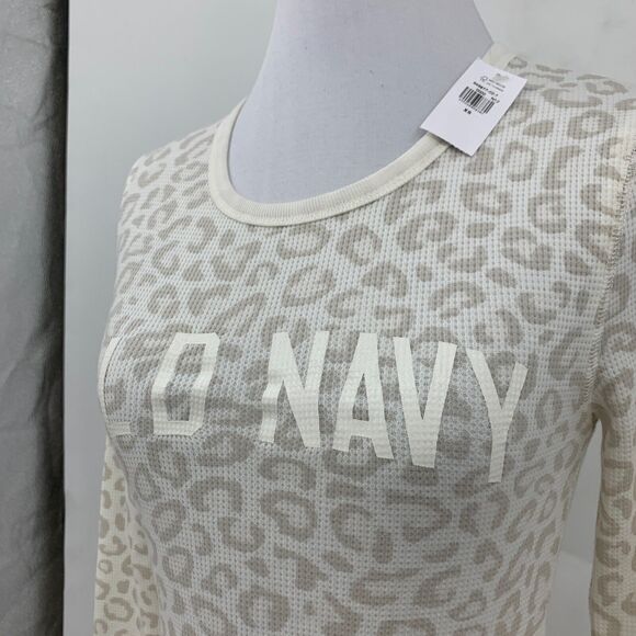 Old Navy Thermal Shirt Women XS Cream Leopard Print Waffle Knit Cuff Long Sleeve - Picture 4 of 15